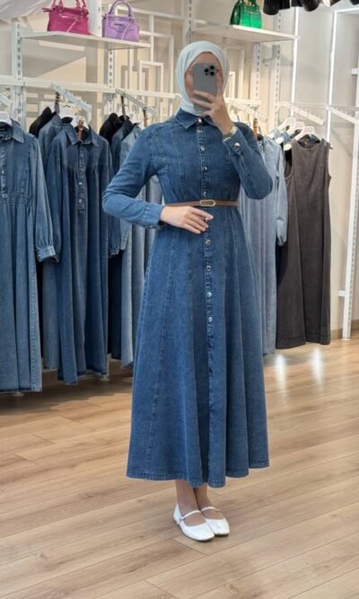 جلباب جينز بأزرار على كامل الطول