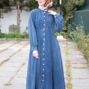 جلباب جينز بأزرار فضية على كامل الطول