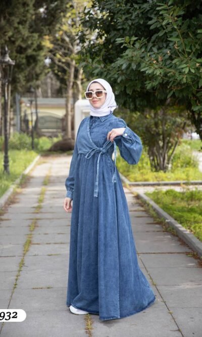 فستان جينز بطول كامل ورباط جانبي